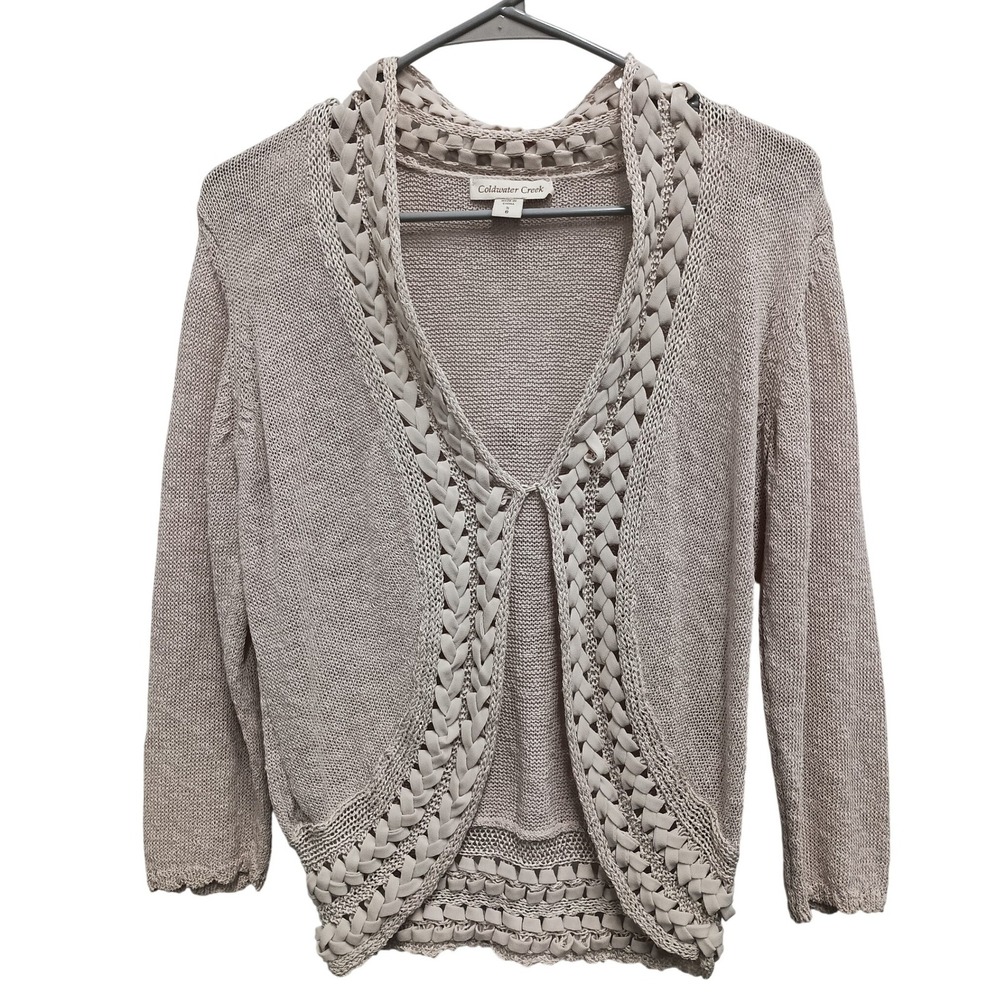 Coldwater Creek Cardigan Sweater Womens Small Beige BOHO Braided Trim‎ Open